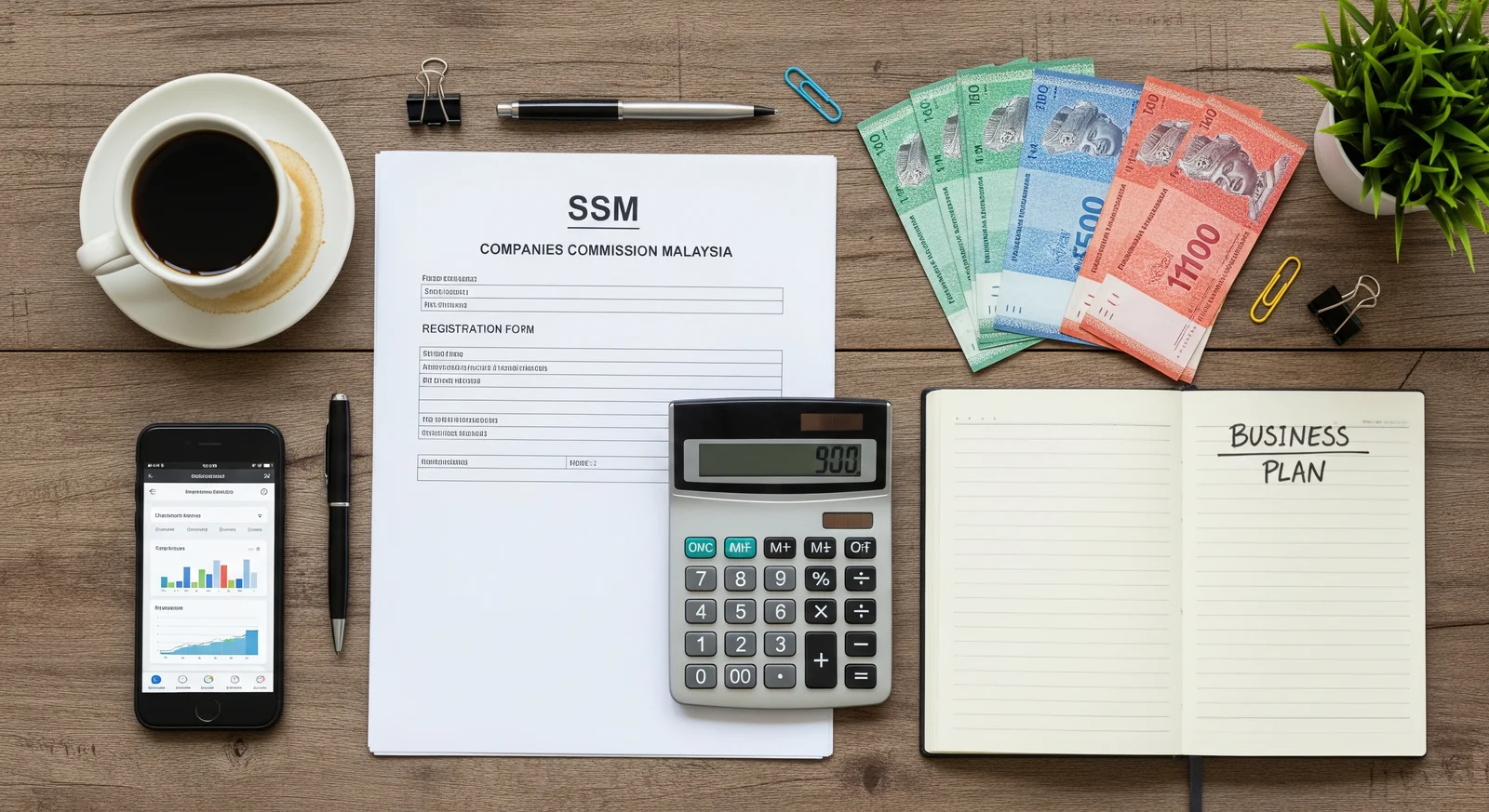 Flat lay peralatan bisnes startup termasuk dokumen SSM, kalkulator dan rancangan perniagaan