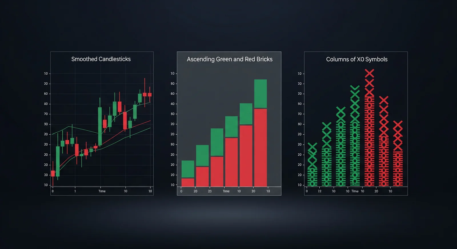Visual comparison of three trading charts: smoothed Heikin-Ashi candles, stacked green and red Renko bricks, and Point-and-Figure columns of X and O symbols
