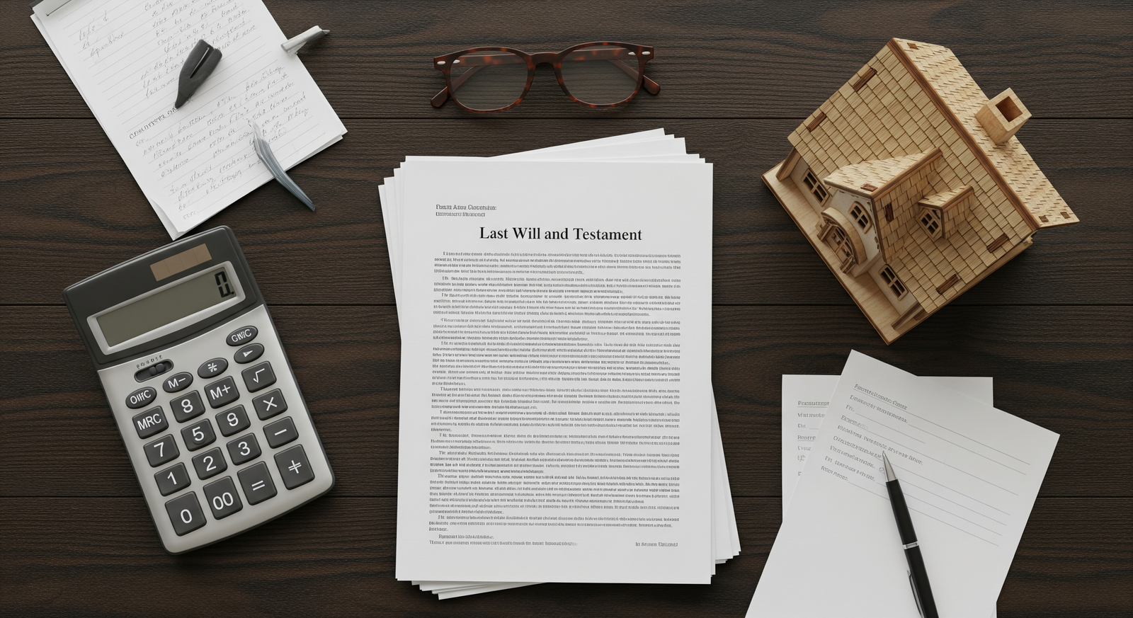 Estate planning flat lay: a will document, calculator, model house and reading glasses on a wooden desk