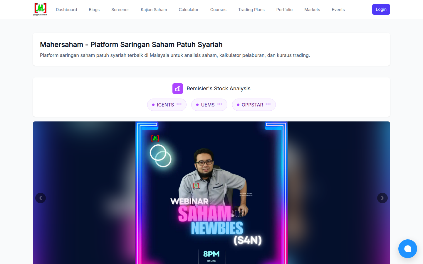 The mahersaham.com homepage with the Login button at the top-right corner