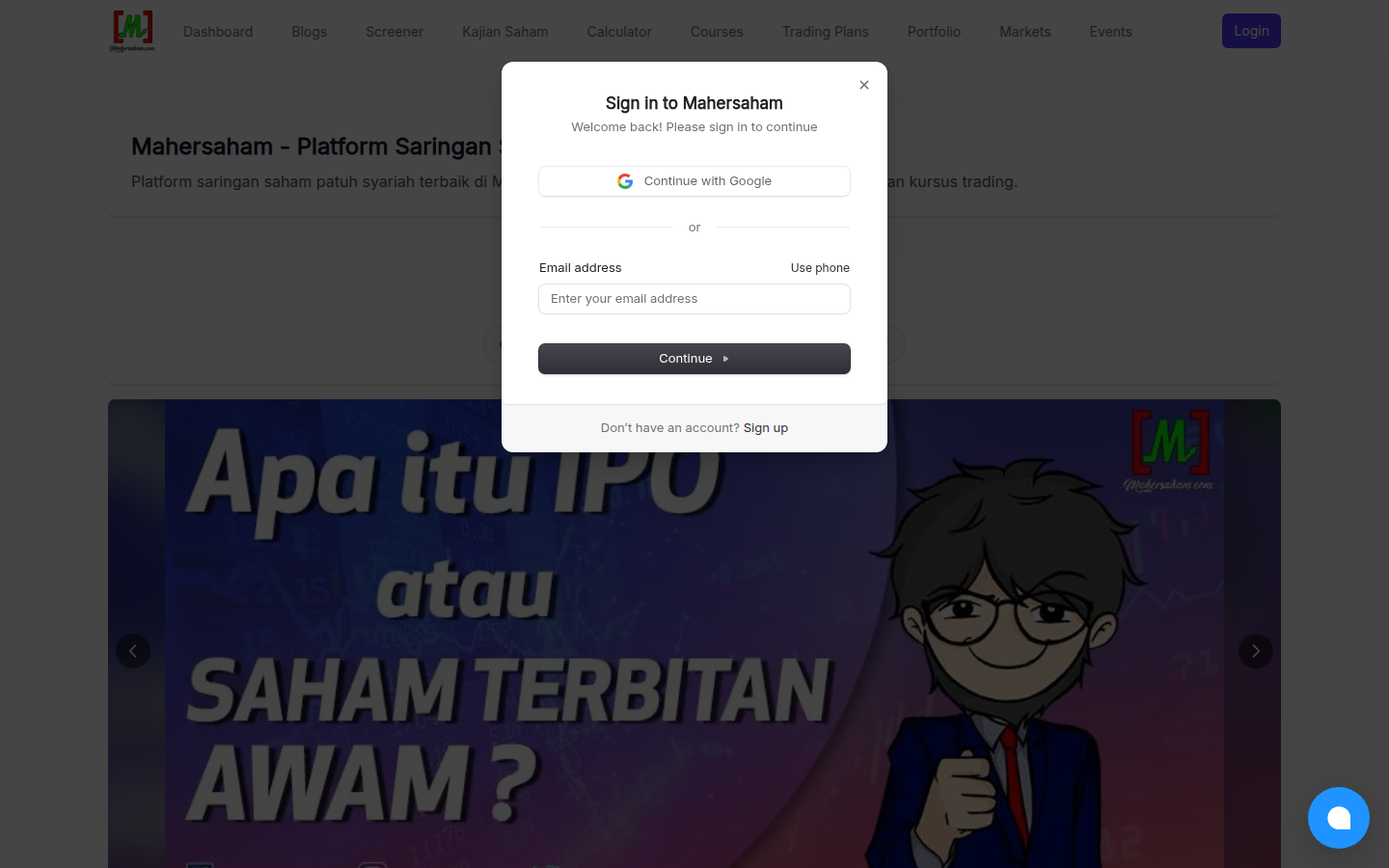 The Sign in to Mahersaham window with Continue with Google or email options