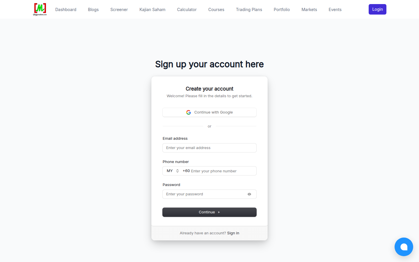 The Create your account form with email, phone number and password fields