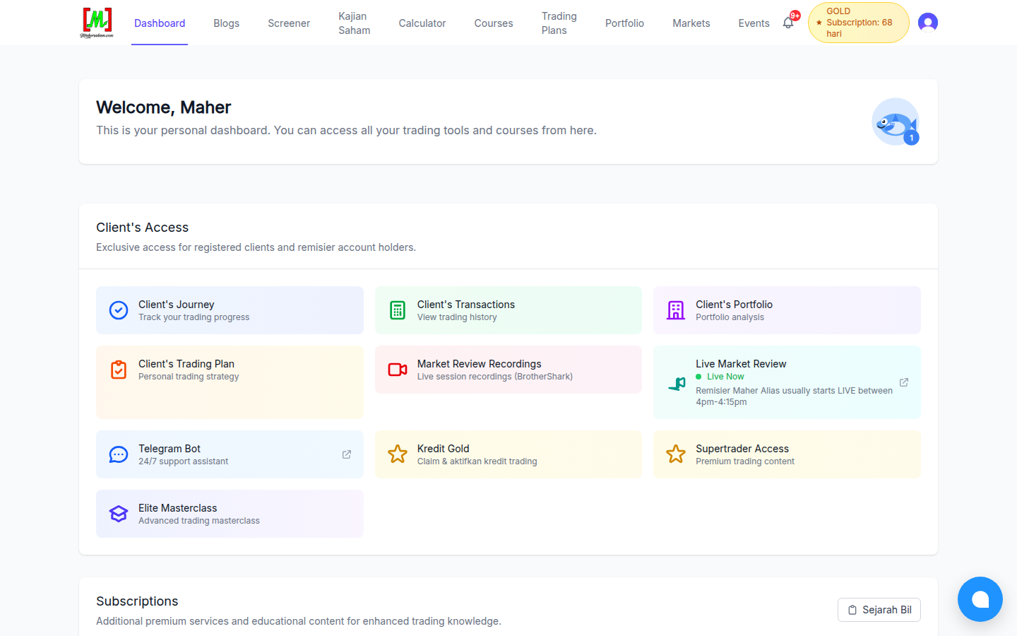 The Mahersaham member dashboard showing Client's Access and Subscriptions