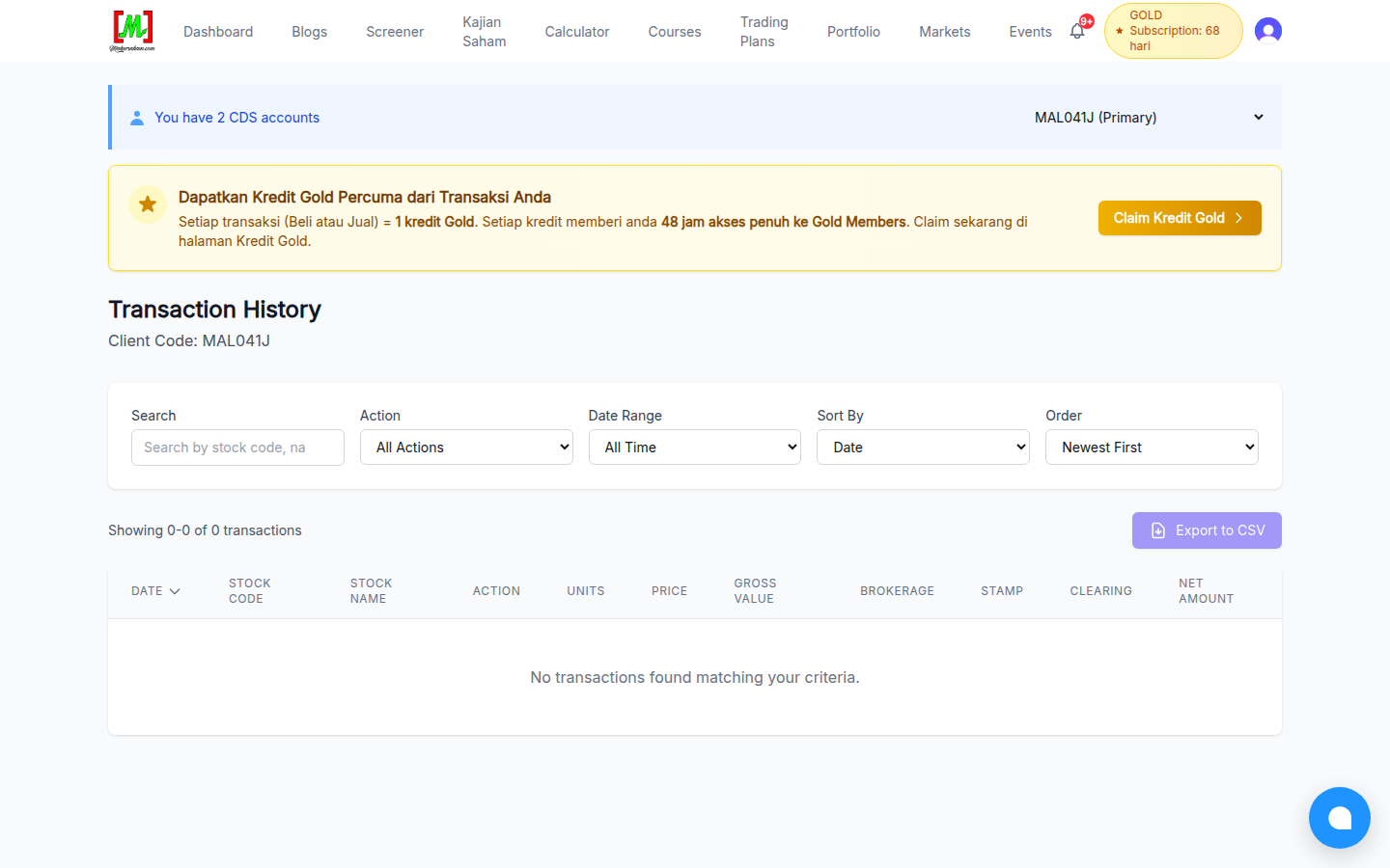 The Transaction History page with search filters and a transactions table