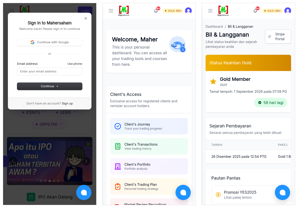 Mobile views - the sign-in window, member dashboard and billing page