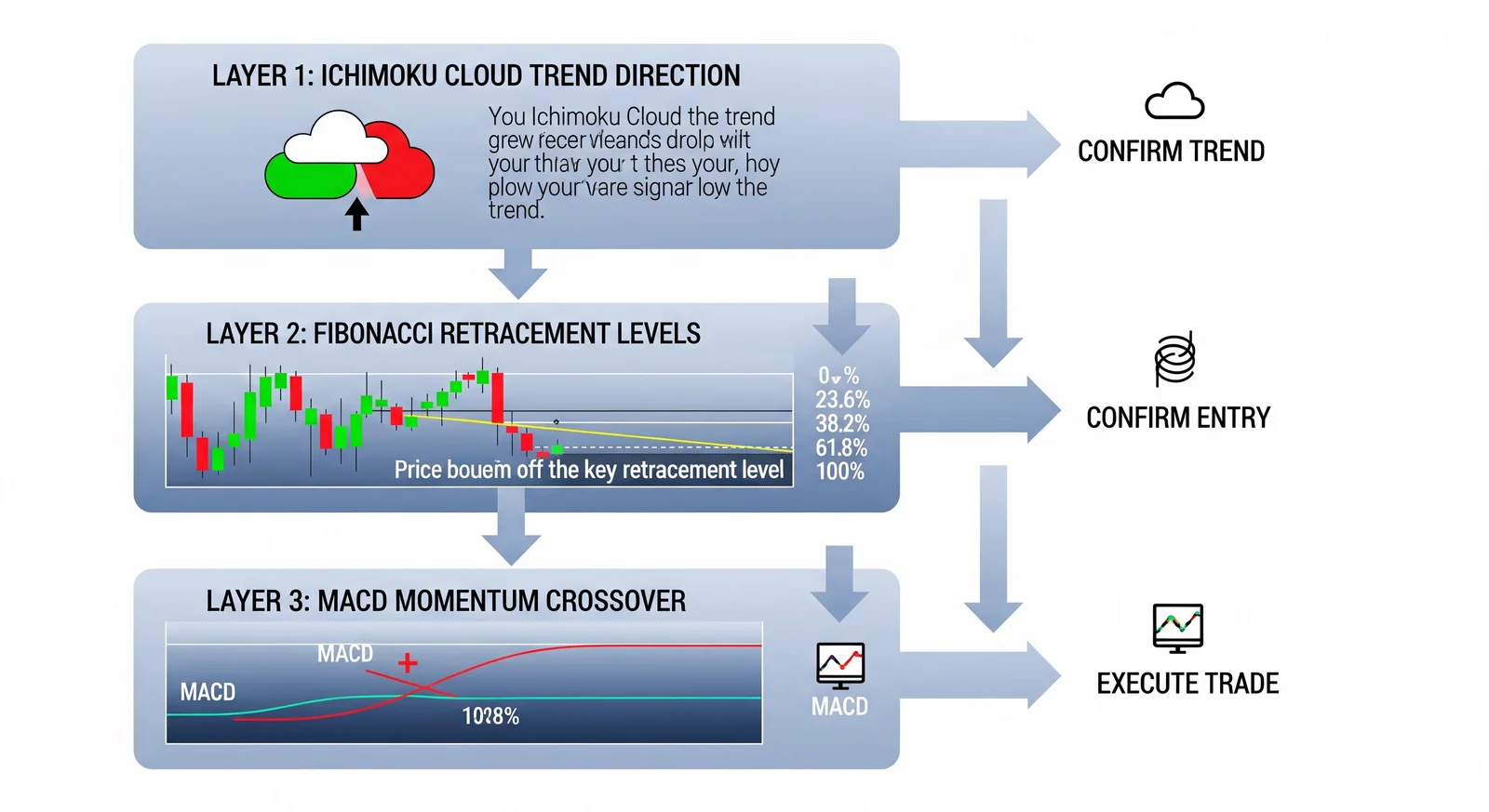 Infografik 3 lapis pengesahan isyarat trading: Ichimoku Cloud untuk trend, Fibonacci untuk level harga, MACD untuk momentum