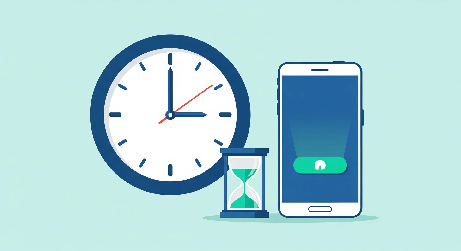 Ilustrasi jam menunjukkan waktu topup kuota dan telefon dengan butang financing yang telah diaktifkan
