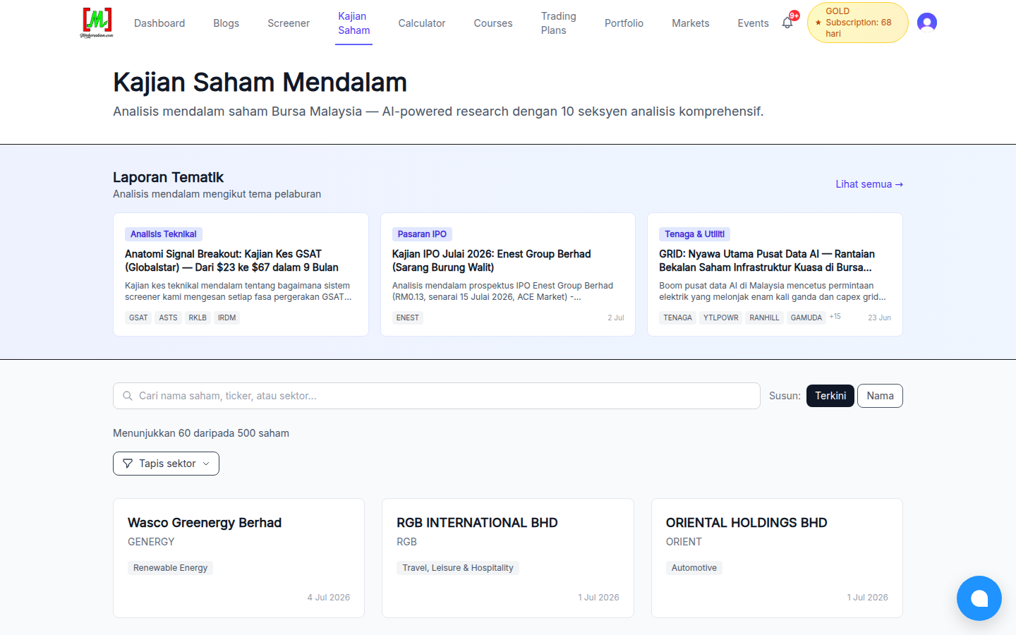 Halaman senarai Kajian Saham di mahersaham.com