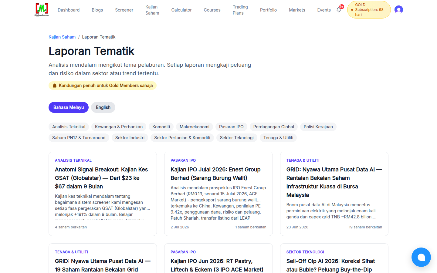 Halaman Laporan Tematik dengan kategori seperti Analisis Teknikal, Pasaran IPO dan Tenaga & Utiliti