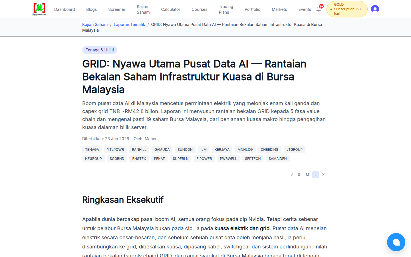 Laporan tematik GRID menunjukkan ringkasan eksekutif dan tag saham berkaitan