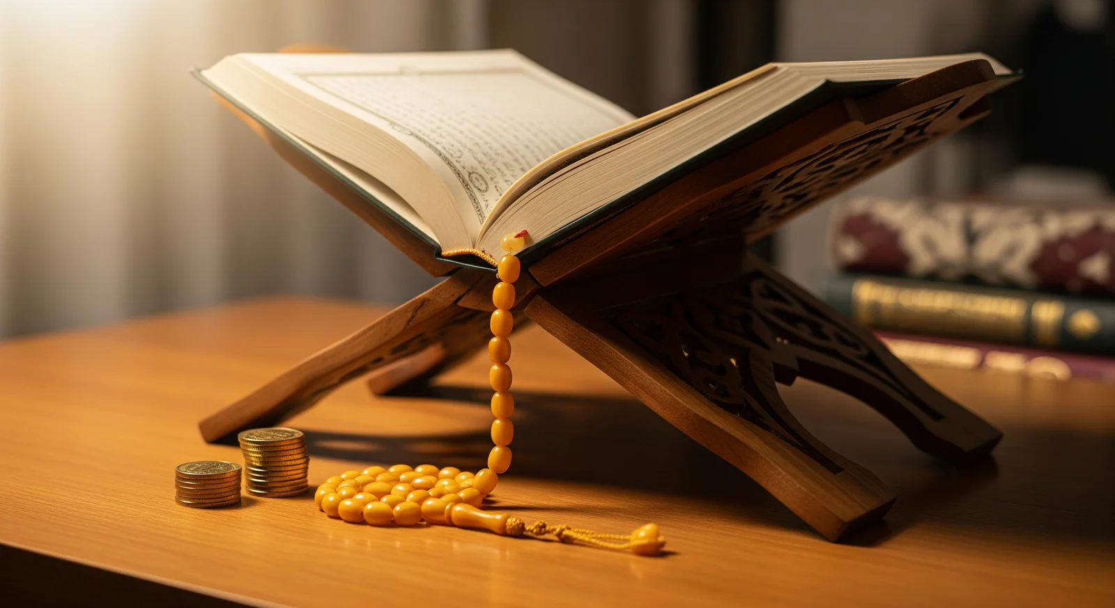 Al-Quran terbuka di atas rehal kayu dengan tasbih dan syiling emas, suasana pengajian yang tenang