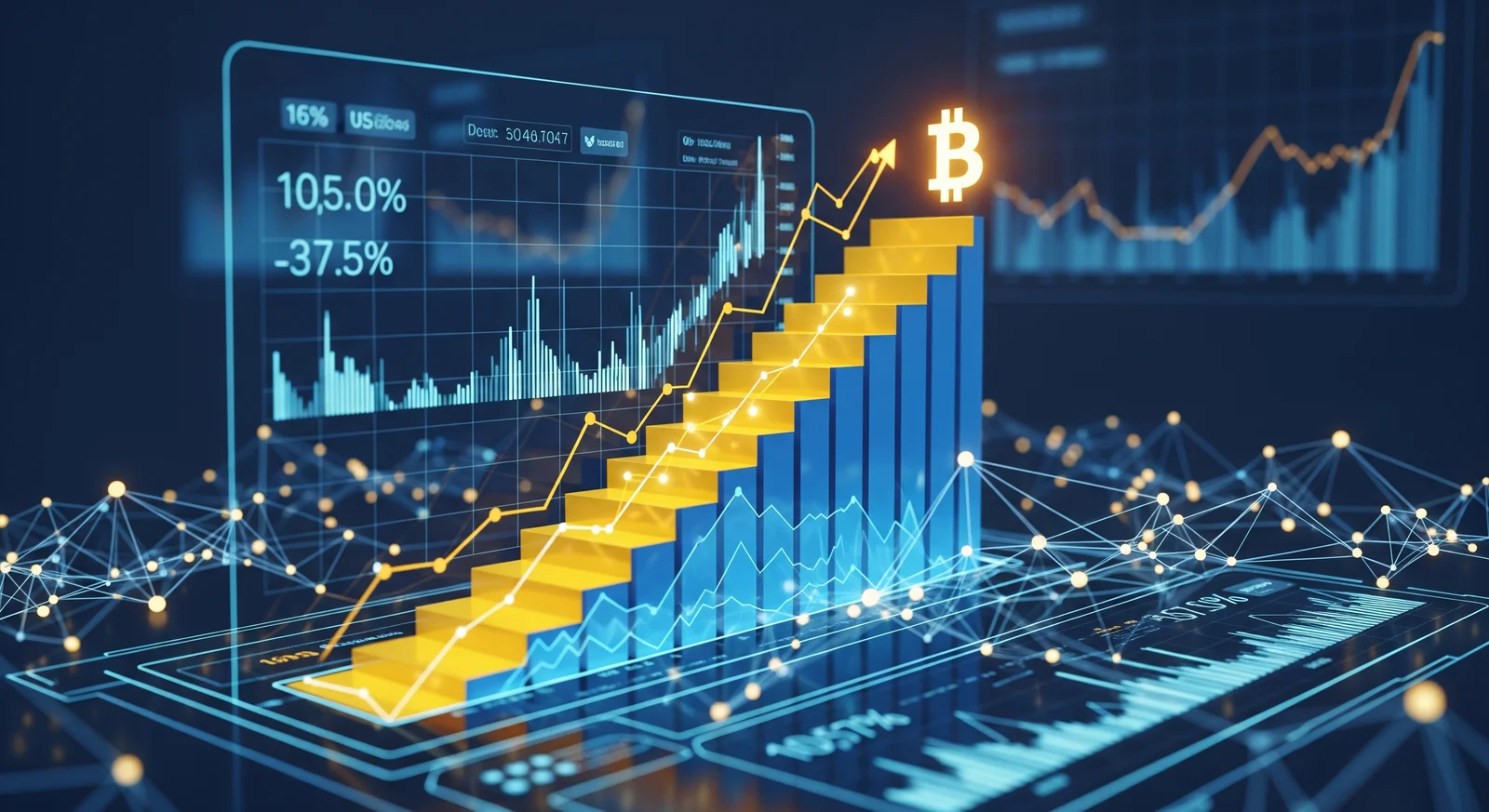 Carta pertumbuhan harga Bitcoin secara berperingkat menyerupai tangga, menunjukkan corak kenaikan selepas setiap kitaran halving