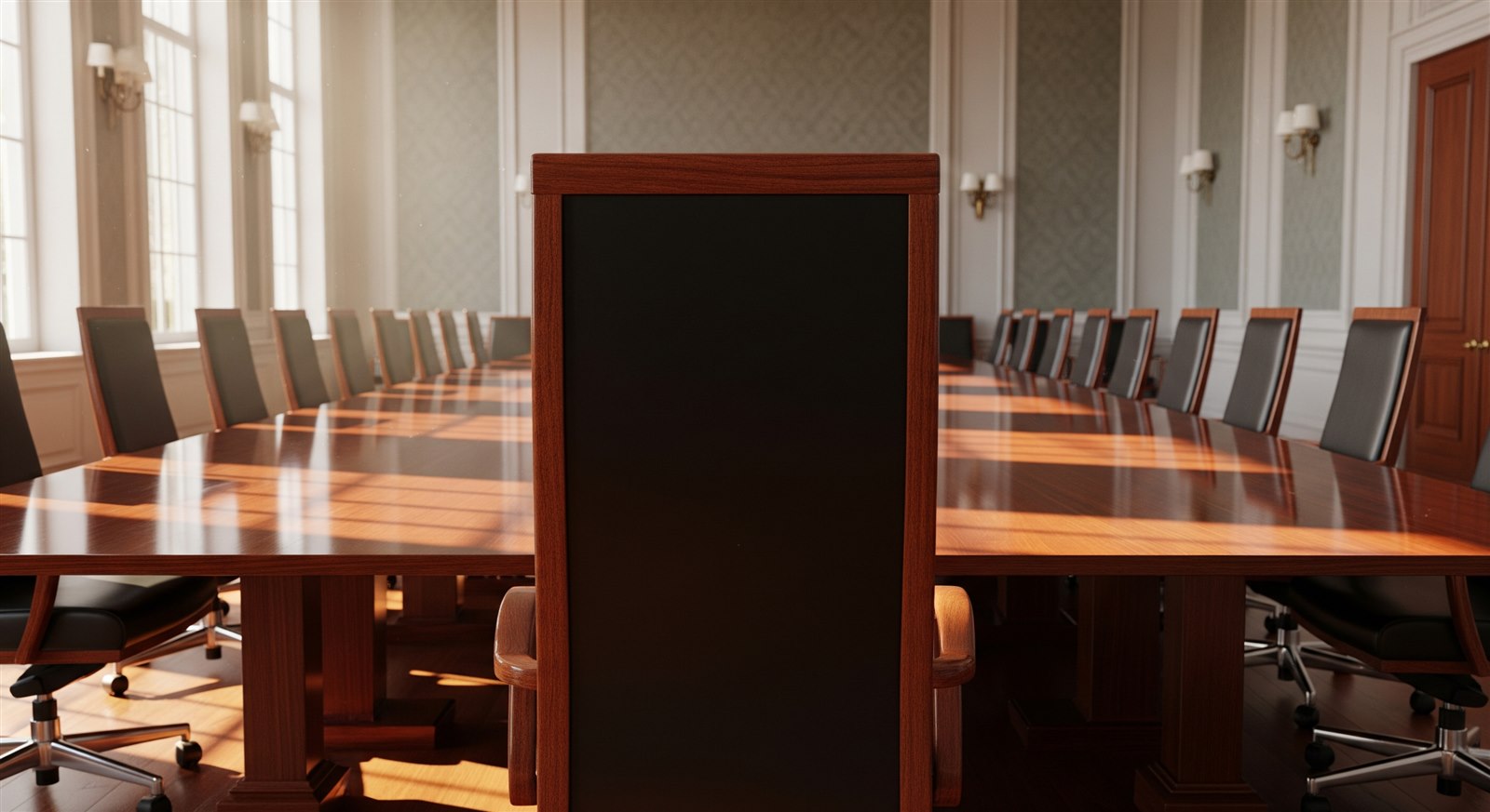 An empty executive chair at the head of a boardroom table symbolising a chairman's retirement after 42 years