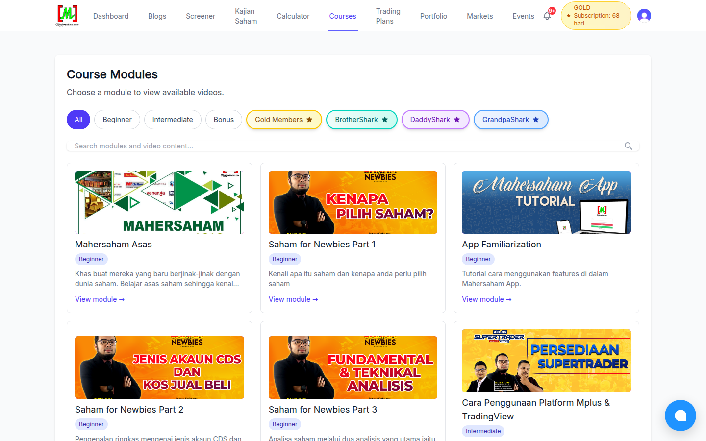 Halaman Course Modules dengan penapis tahap Beginner, Intermediate, Gold Members, BrotherShark, DaddyShark dan GrandpaShark