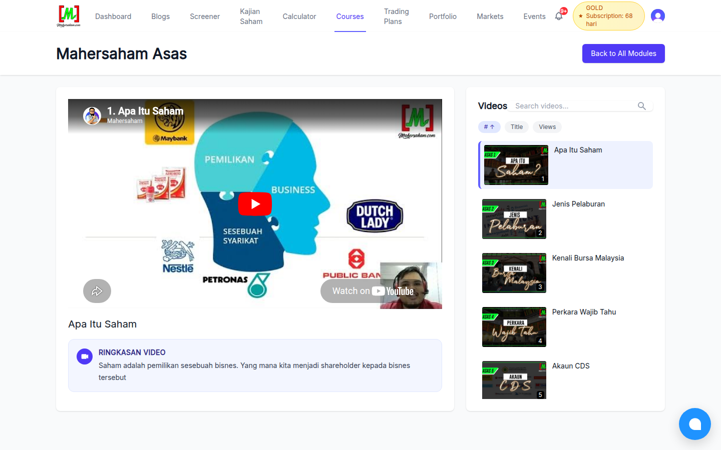 Video Apa Itu Saham sedang dimainkan dengan Ringkasan Video di bawahnya