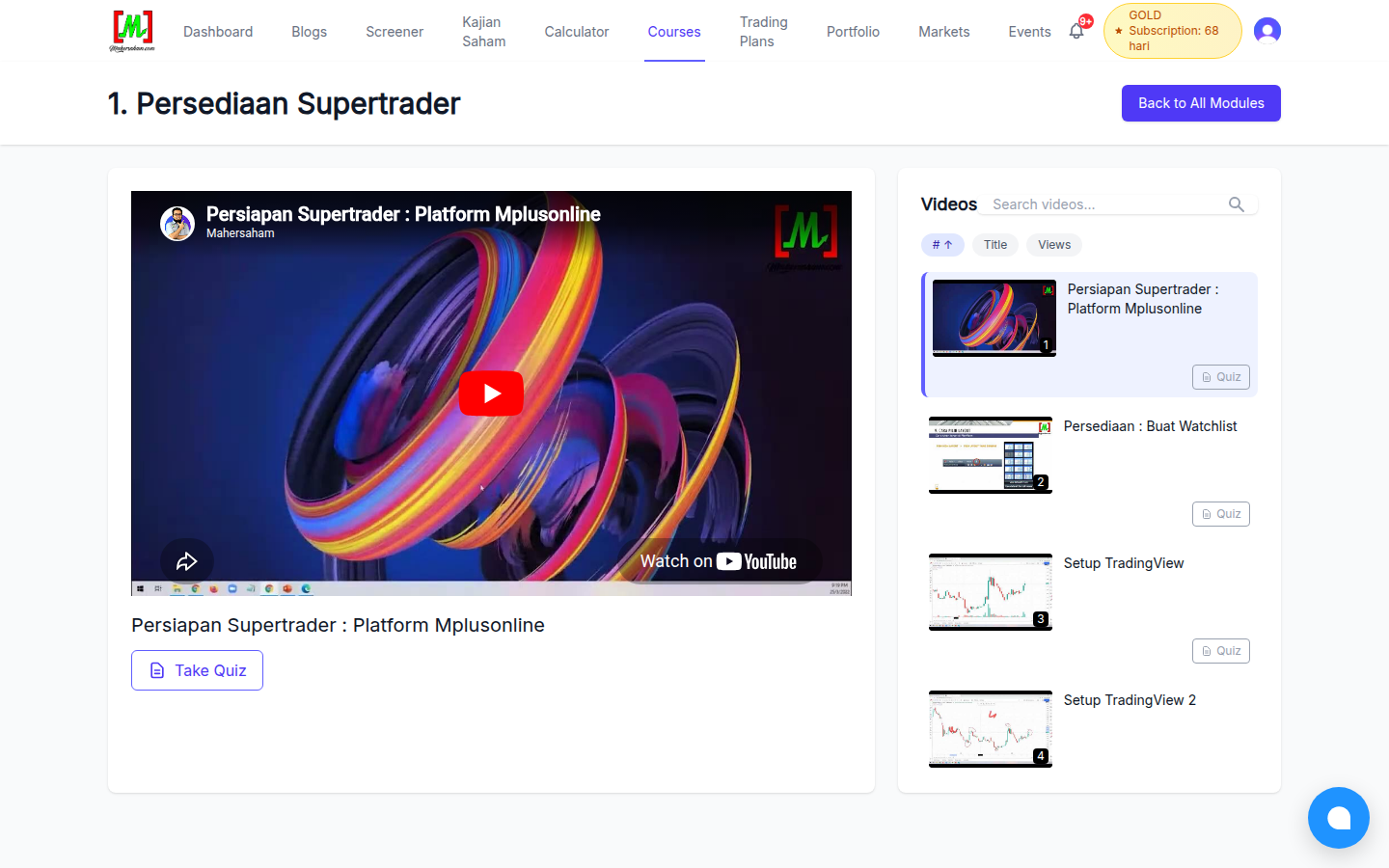 Modul DaddyShark Persediaan Supertrader dengan butang Take Quiz di bawah video