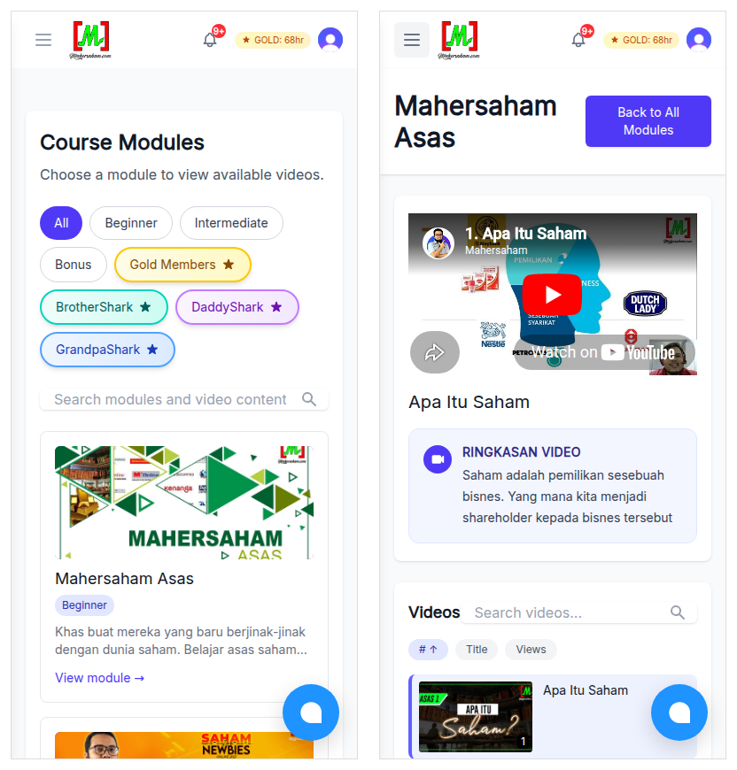 Paparan mobile - senarai modul kursus dan video sedang dimainkan dengan ringkasan