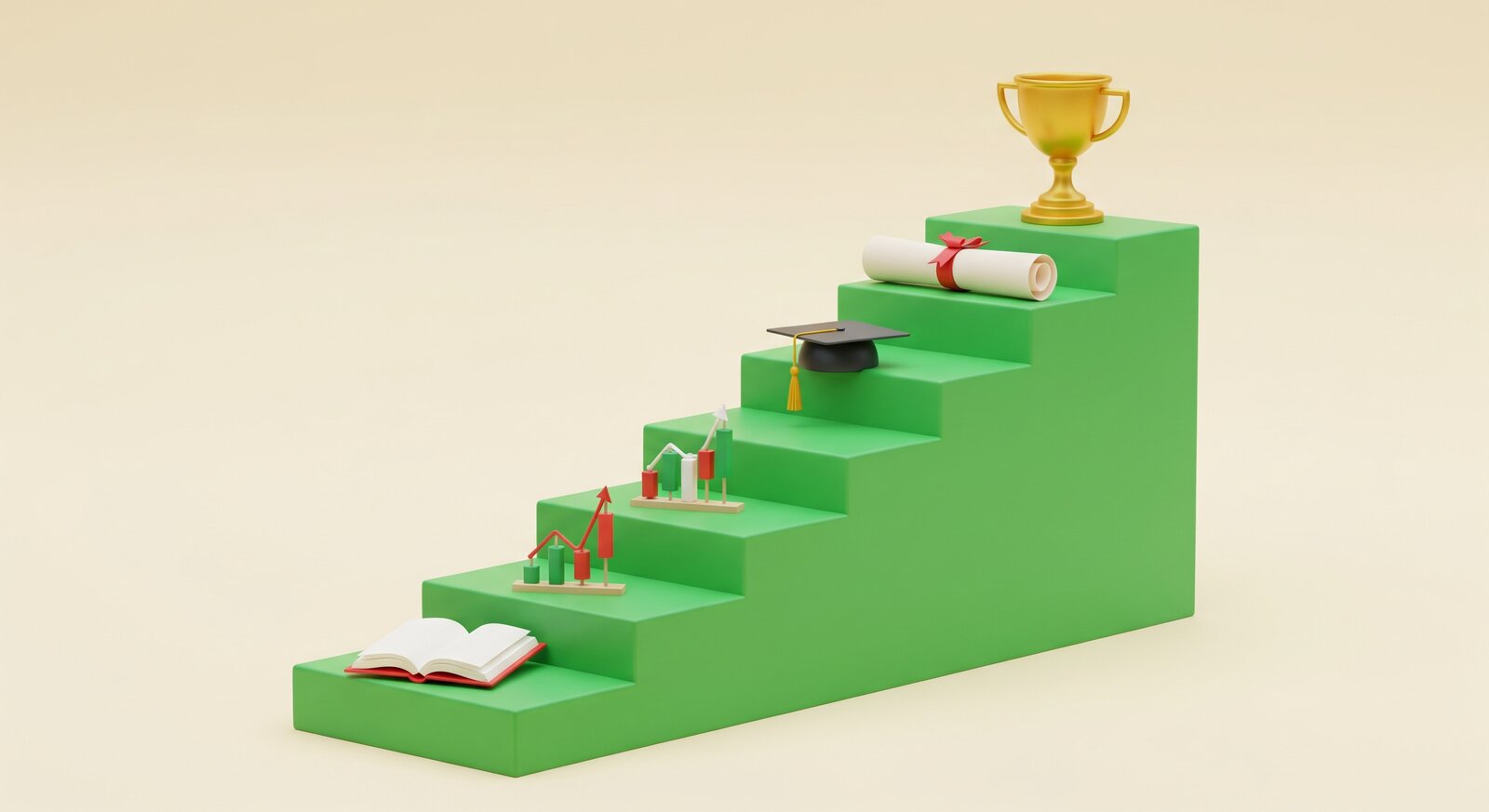 Ilustrasi laluan pembelajaran 6 tahap menaik dengan ikon buku, carta candlestick dan sijil di puncak
