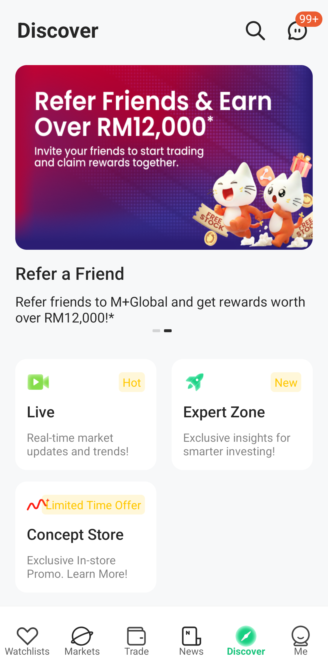 M+ Global Discover tab with live streams and an expert zone