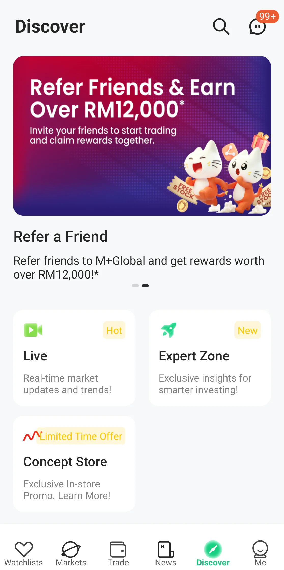 M+ Global Discover tab with live streams and an expert zone
