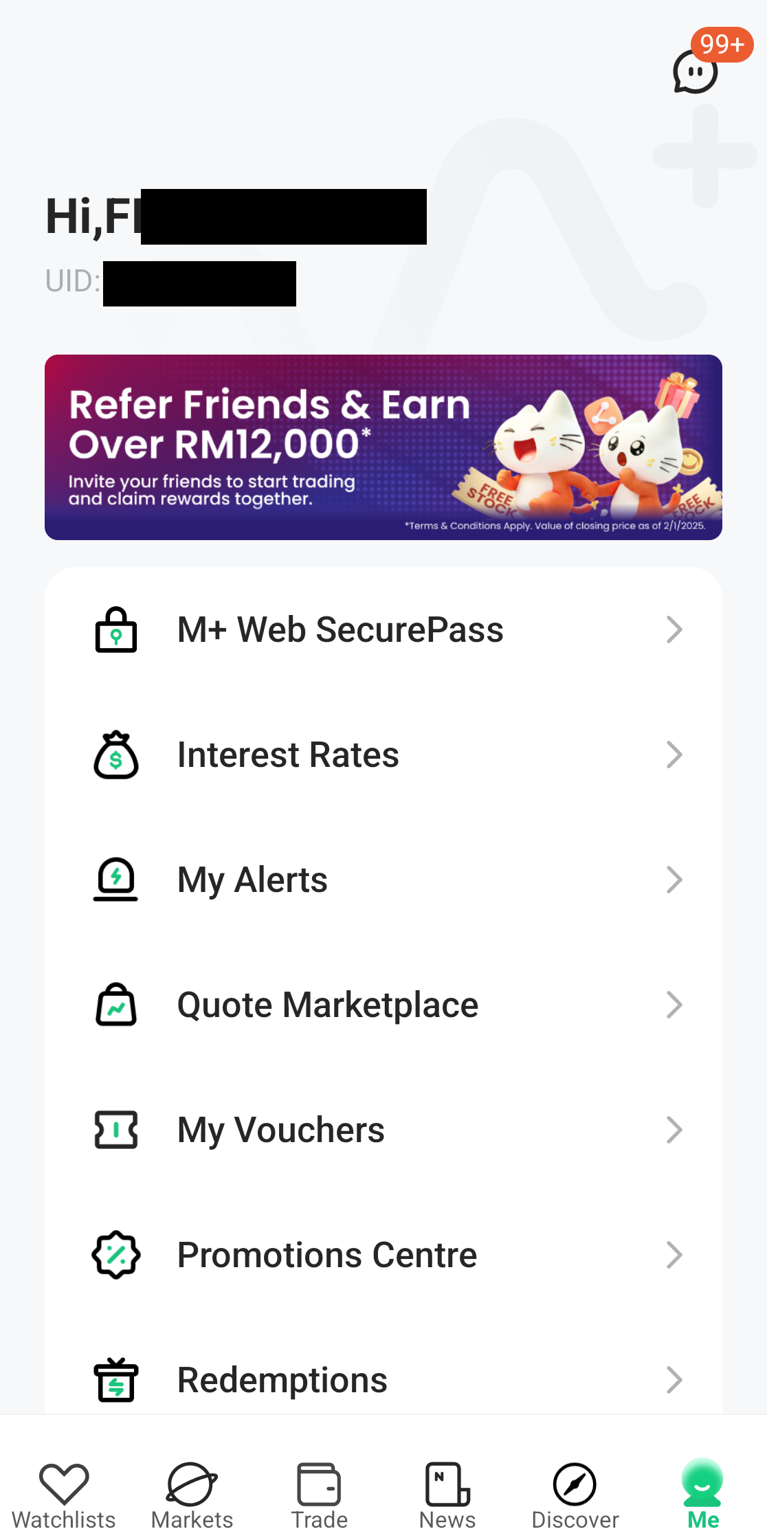 M+ Global Me tab with a list of settings and personal features