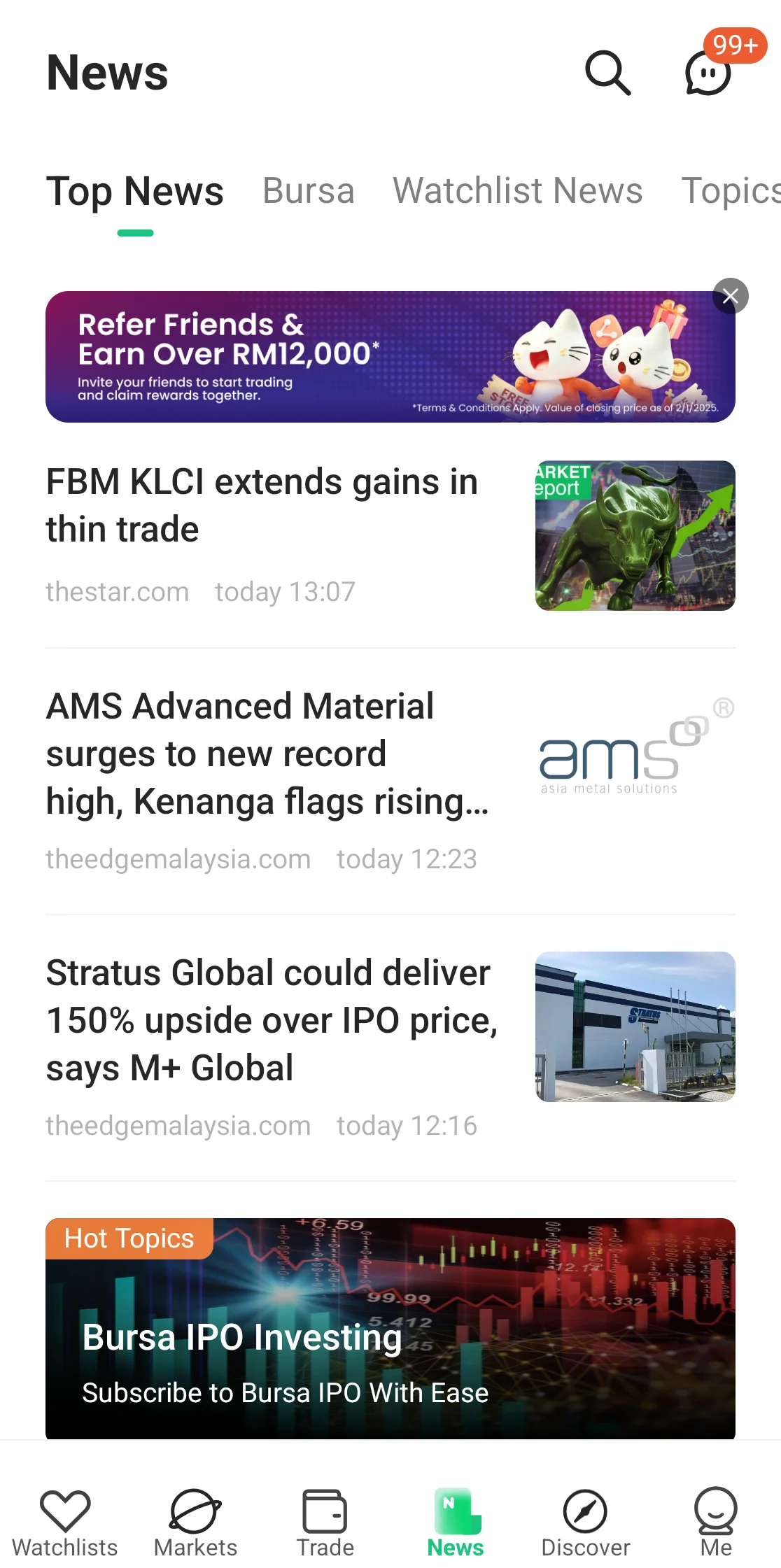 M+ Global News tab showing market news cards