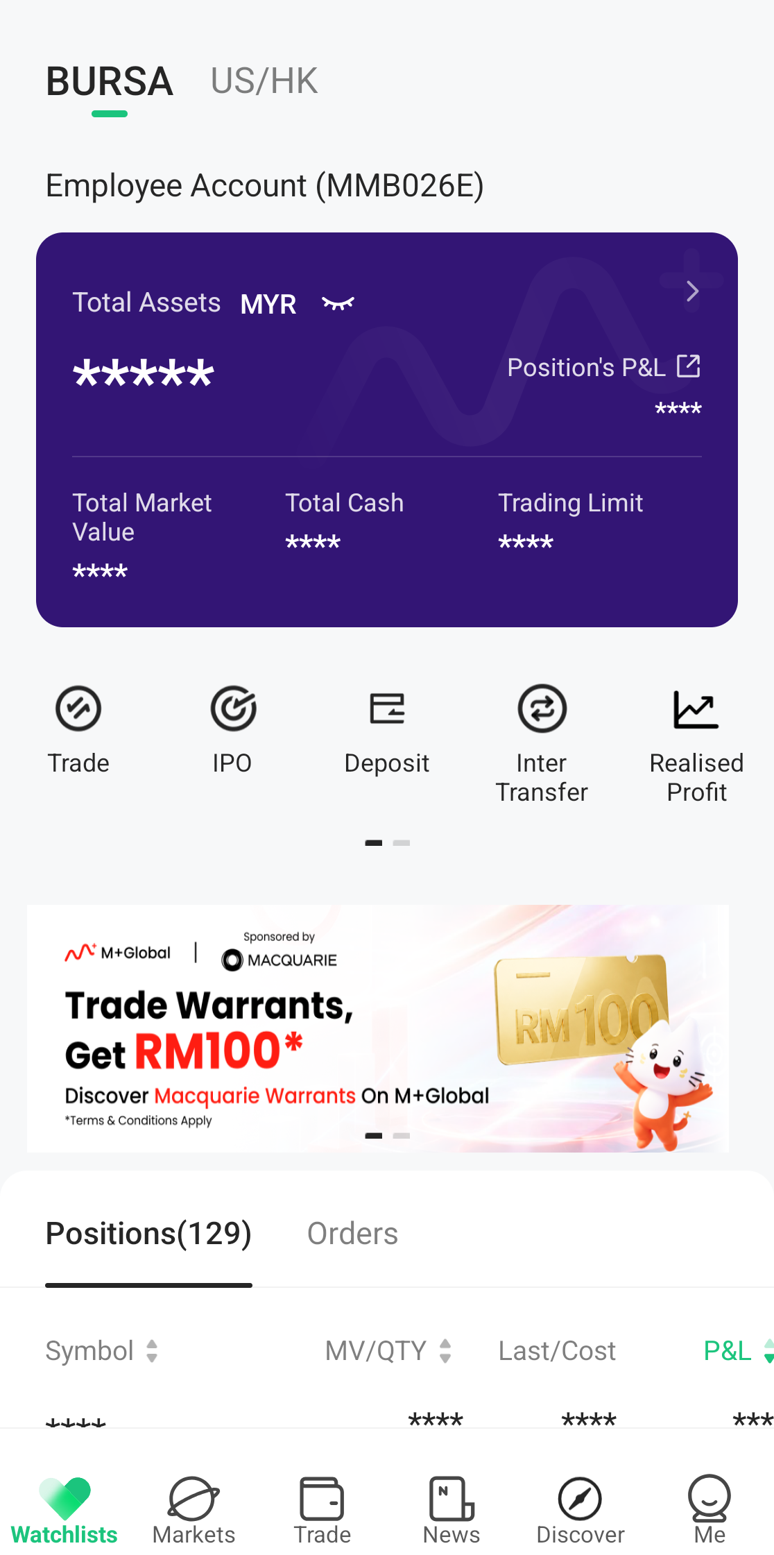 M+ Global Trade tab showing the account card with balances hidden and quick action buttons