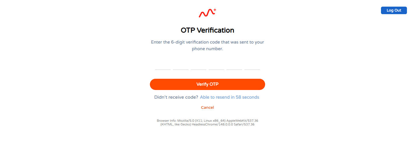 Skrin OTP Verification meminta kod 6 digit yang dihantar ke nombor telefon