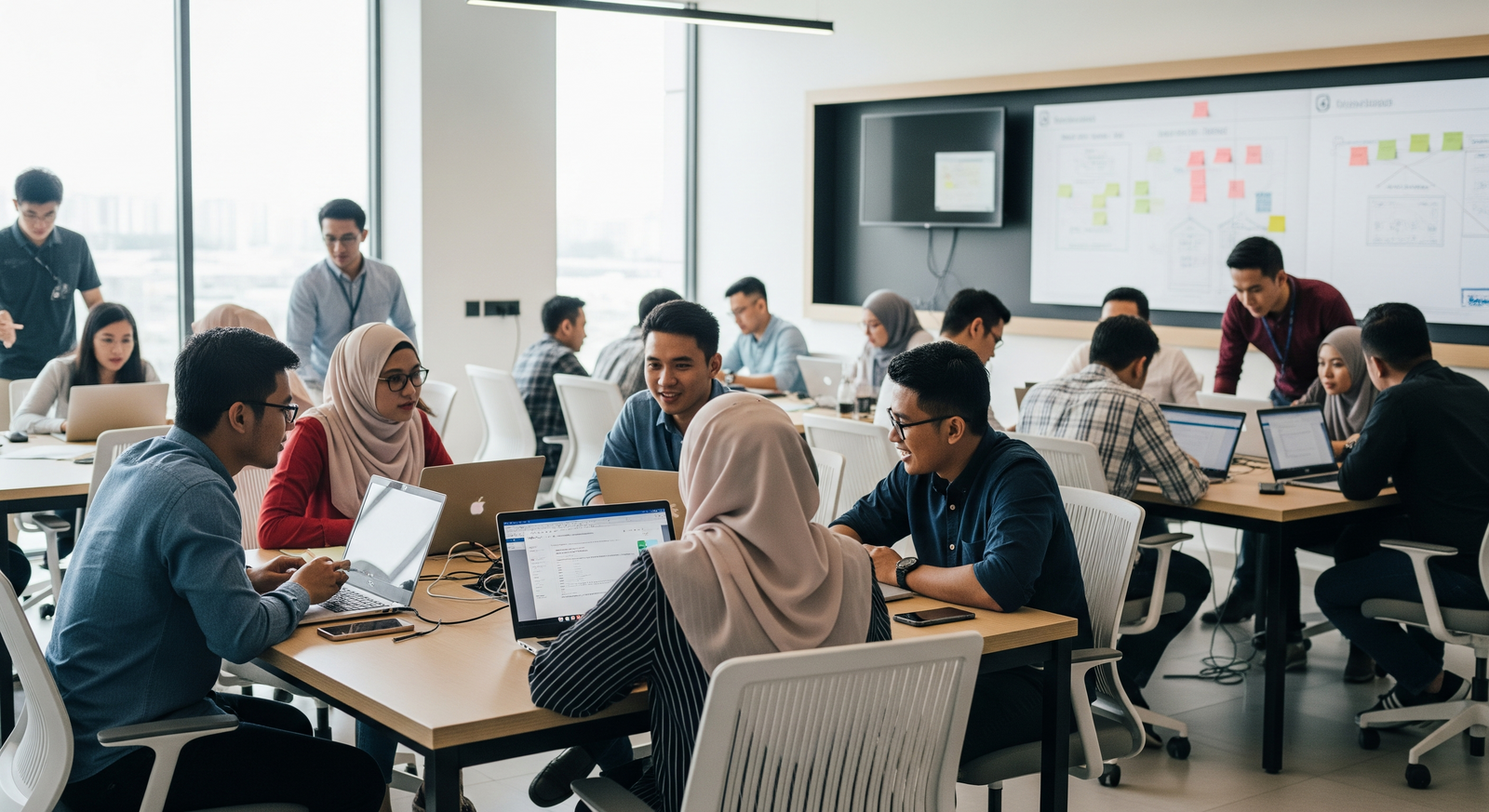 Usahawan muda Malaysia mengikuti sesi latihan kemahiran dalam bilik latihan moden dengan komputer riba