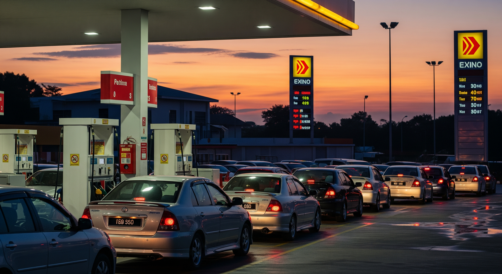 Barisan kereta menunggu giliran mengisi minyak di stesen petrol di Malaysia pada waktu senja