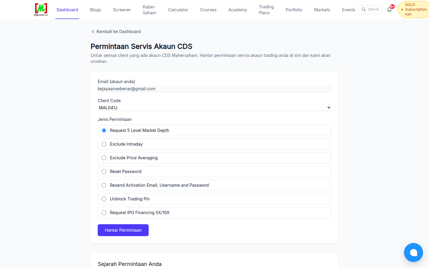 Selecting the Request 5 Level Market Depth option on the form