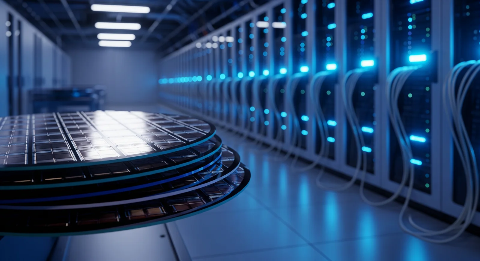 Semiconductor silicon wafers and glowing blue AI data centre servers, illustrating the technology supply chain that supports Bursa Malaysia semiconductor stocks