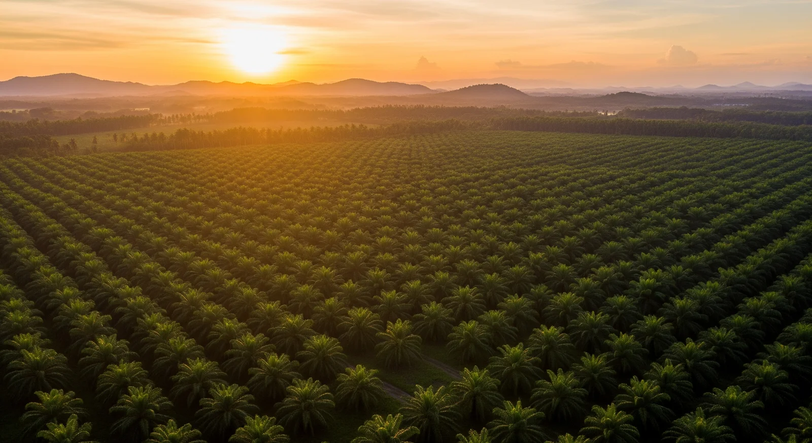 Ladang kelapa sawit Malaysia dengan latar matahari terbenam, menggambarkan sektor plantation yang dijangka mendapat momentum daripada kenaikan FCPO