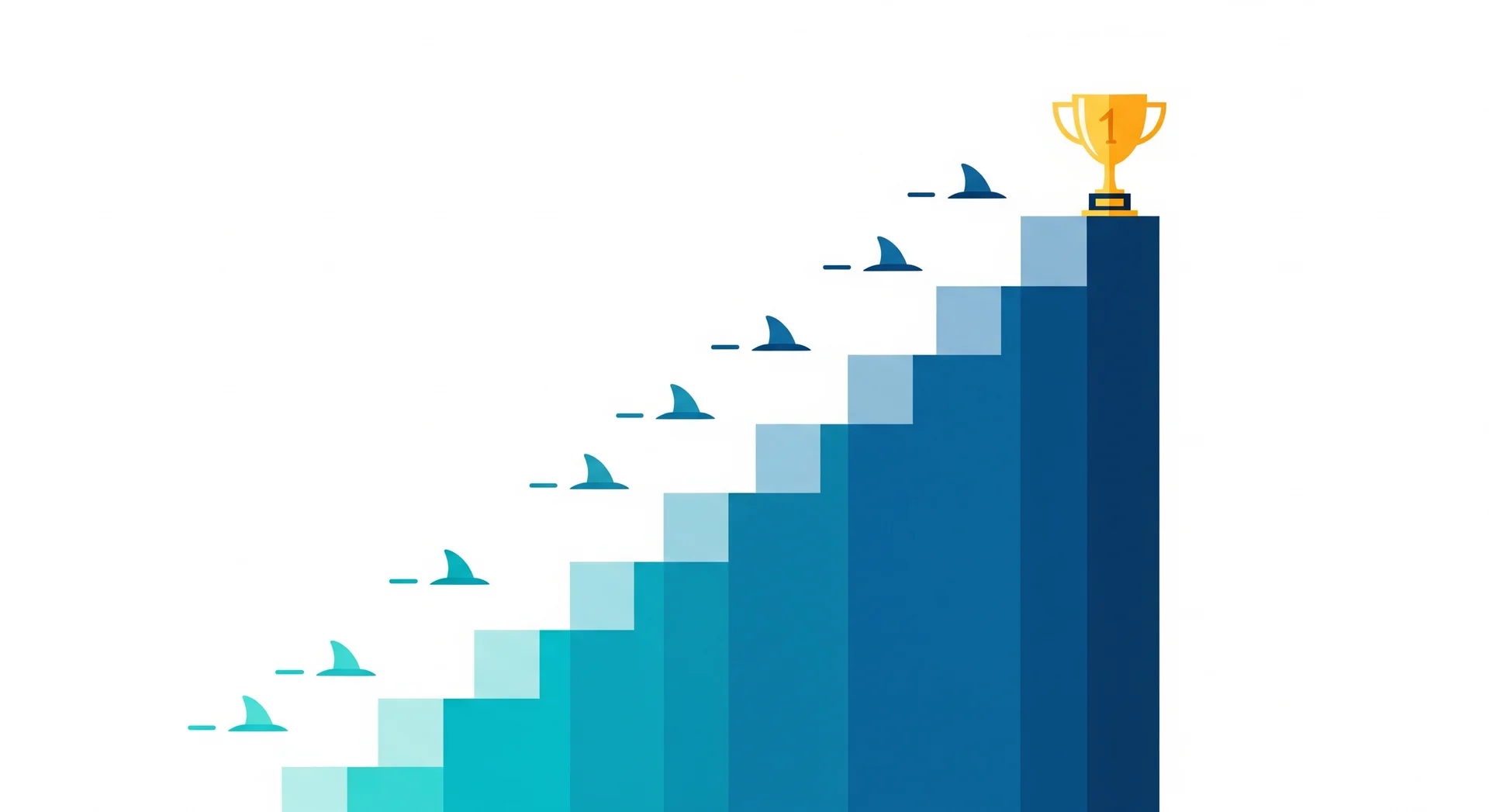 Illustration of ascending stairs with shark fins and a trophy at the top, symbolising the Mahersaham client journey from BabyShark to GrandpaShark