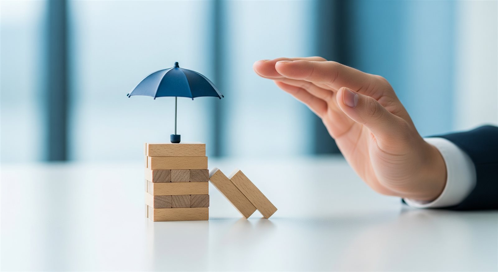 Tangan melindungi blok kayu yang dinaungi payung kecil - konsep margin of safety sebagai perlindungan dalam pelaburan