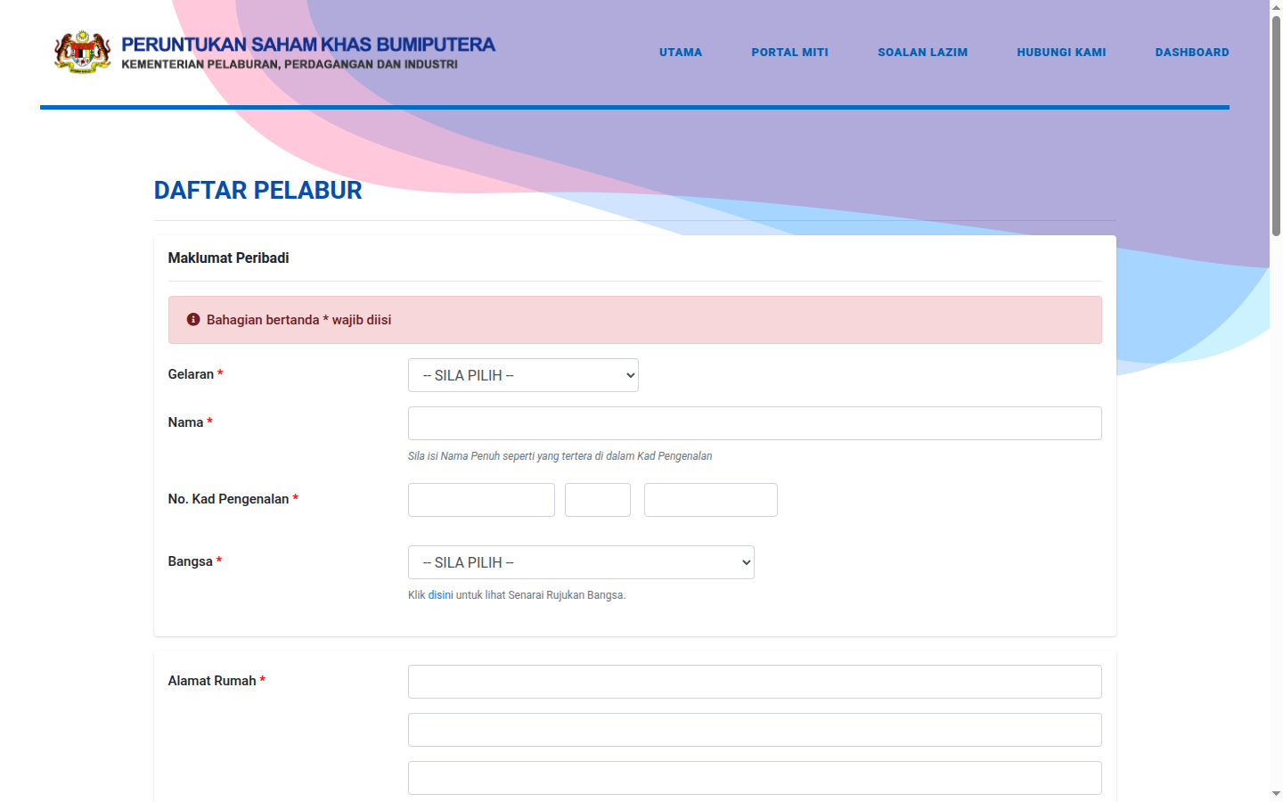 SahamOnline individual investor registration form showing the Personal Information section