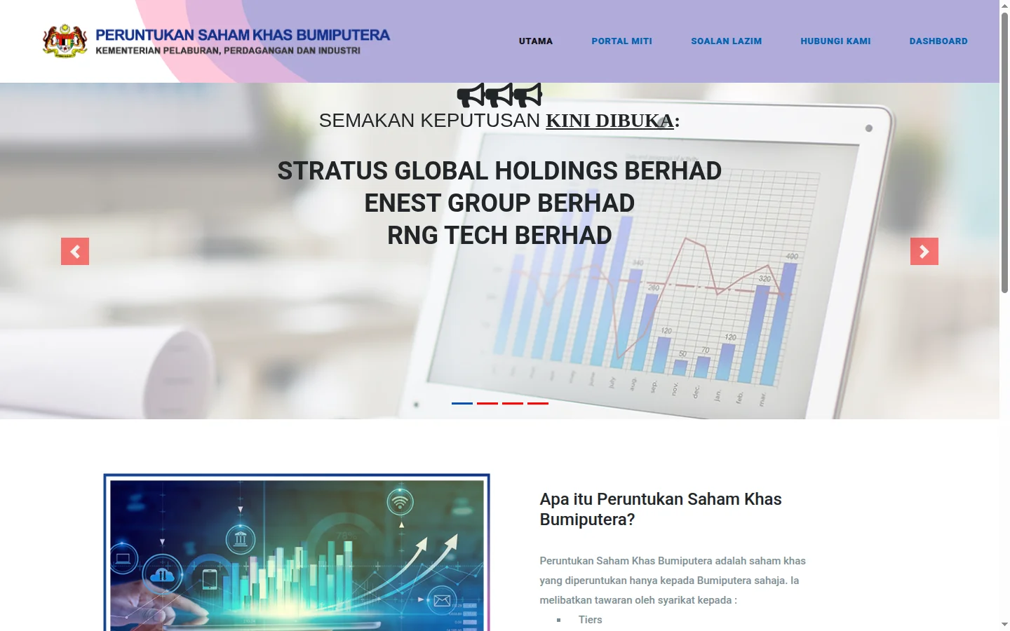 SahamOnline MITI portal homepage showing announcements of open share offers