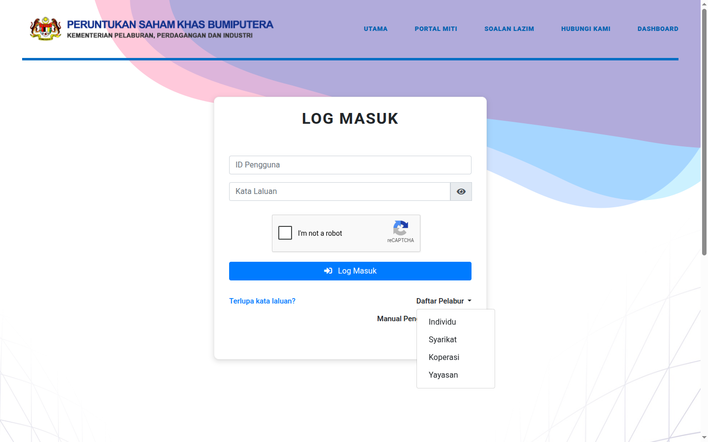 Daftar Pelabur (Register Investor) menu on the SahamOnline login page with Individual, Company and Cooperative options