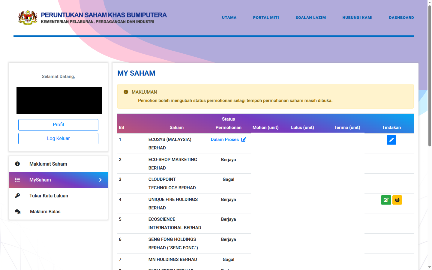 Skrin MySaham SahamOnline memaparkan senarai permohonan dengan status Dalam Proses, Berjaya dan Gagal