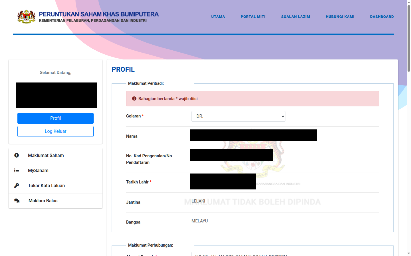 SahamOnline Profile page displaying the investor's personal information