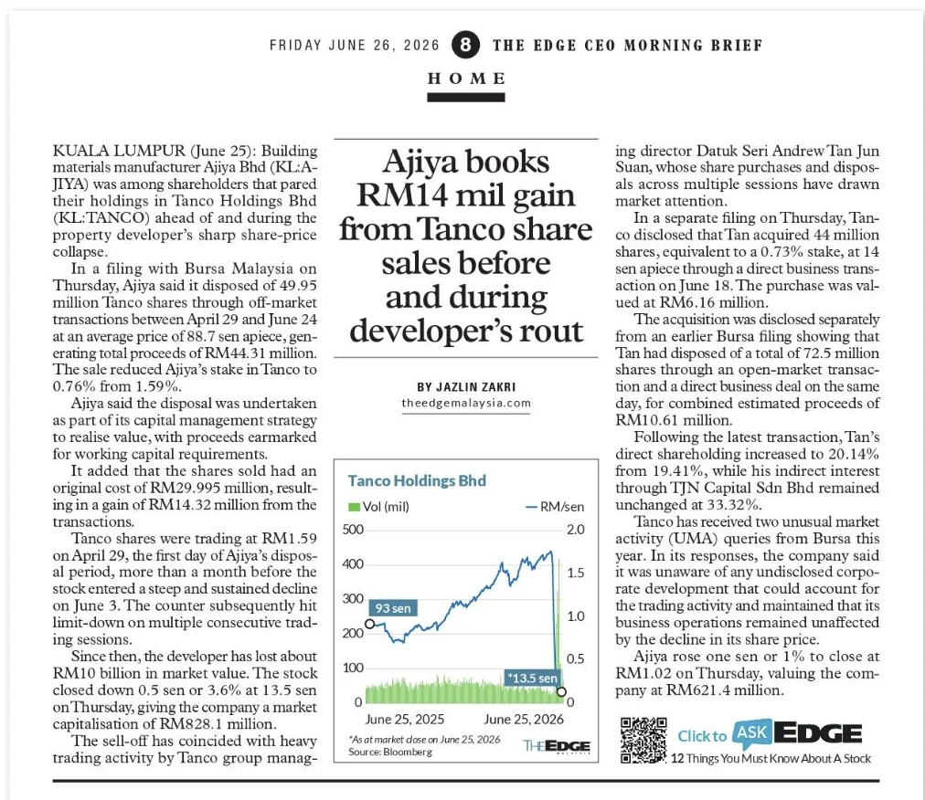 Clipping from The Edge CEO Morning Brief on Ajiya and the Tanco Holdings share price crash