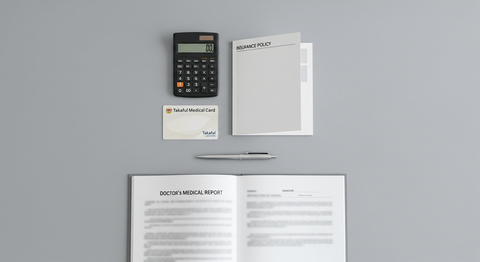 Flat lay of a takaful medical card, insurance policy booklet, doctor's report, calculator and pen on a desk