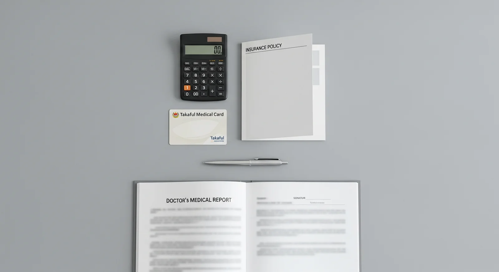 Flat lay medical card takaful, buku polisi insurans, laporan doktor, kalkulator dan pen di atas meja