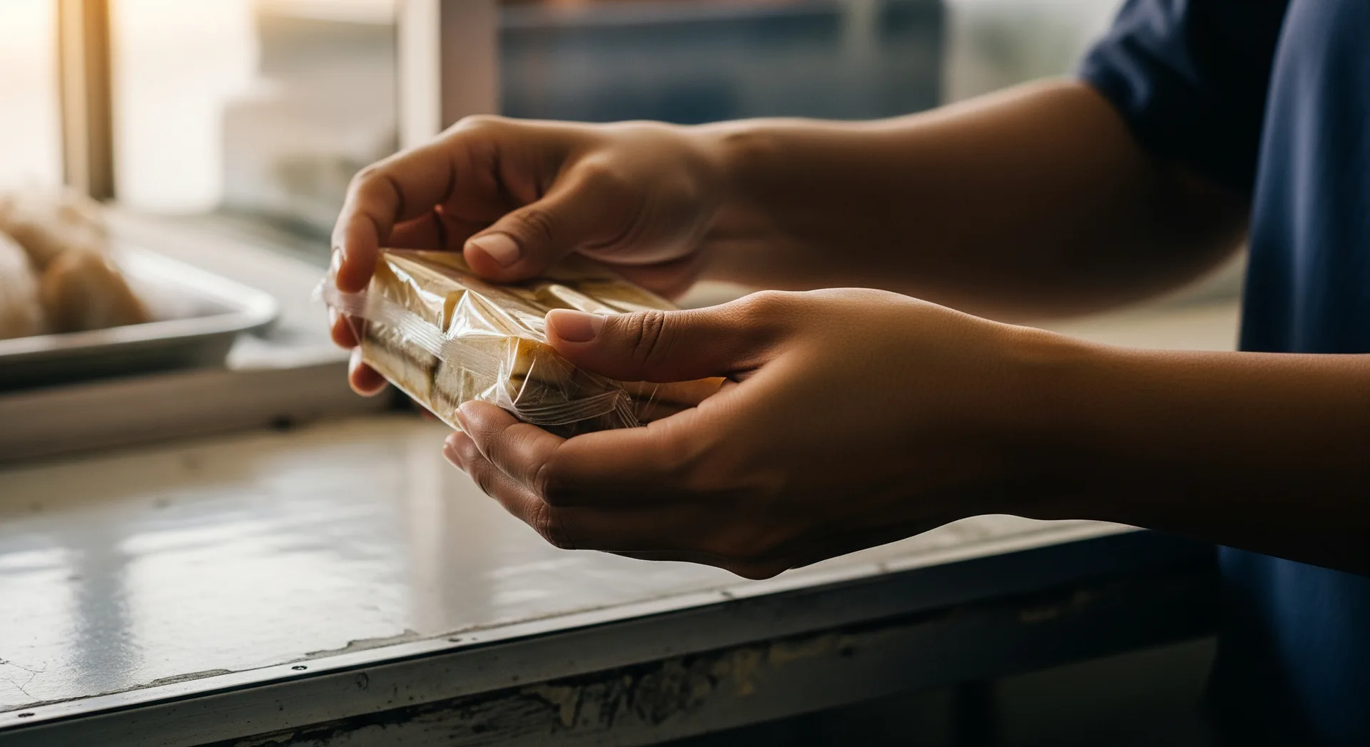 Hands holding a packaged food item at the counter of a small Malaysian food stall