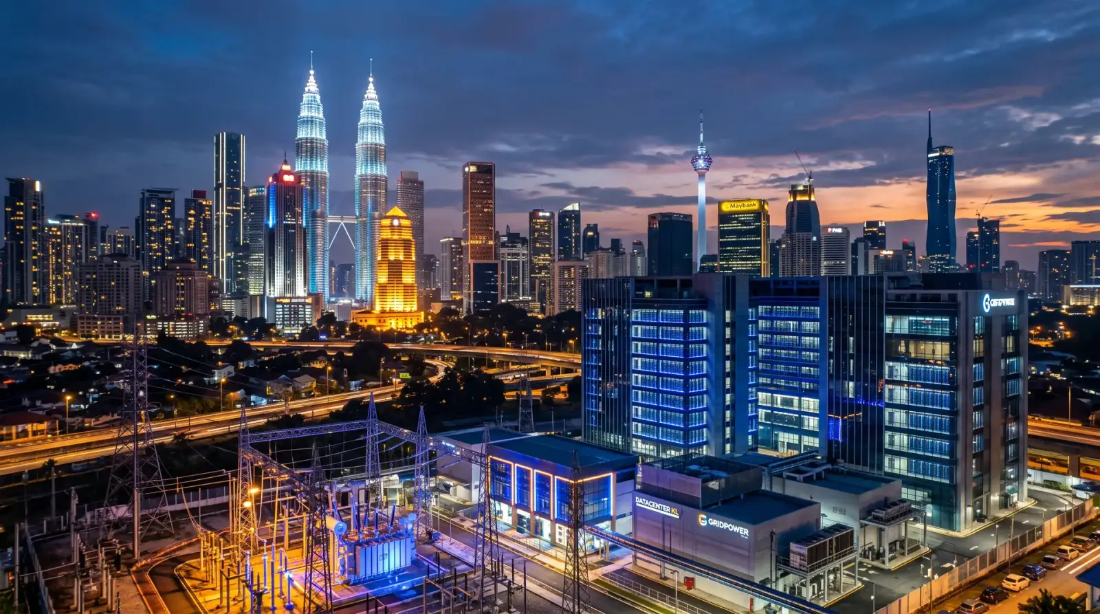 Skyline korporat Kuala Lumpur dengan infrastruktur pusat data mewakili aktiviti pasaran Bursa Malaysia