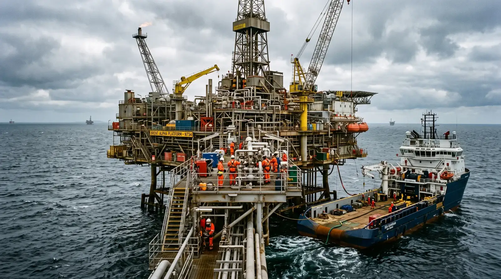 Kapal sokongan luar pesisir bersandar di platform minyak dan gas mewakili kerja penyelenggaraan topside