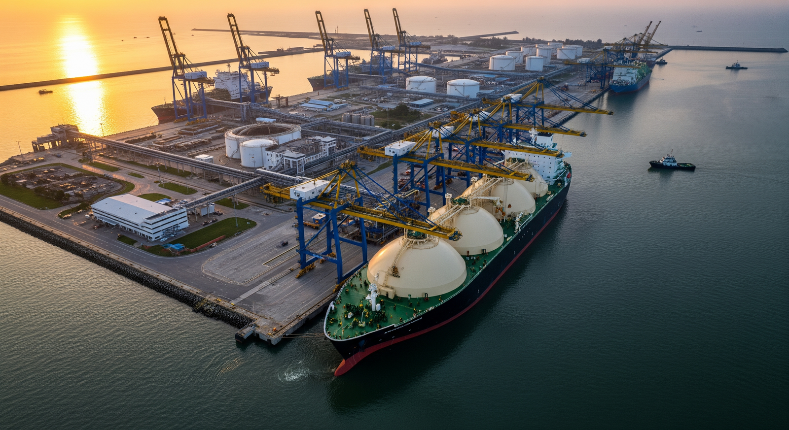LNG carrier berthed at a modern port terminal with cranes and storage tanks at sunrise