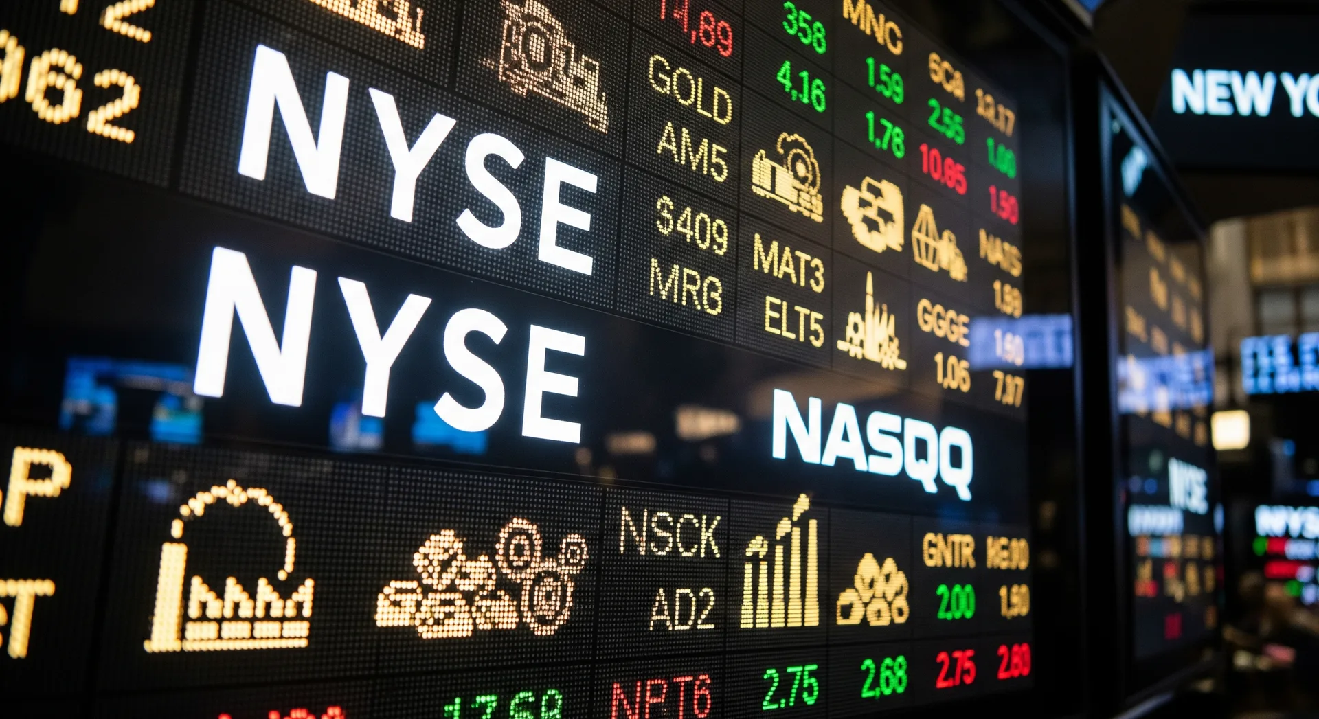 Papan ticker bursa saham New York menunjukkan simbol syarikat semikonduktor, perlombongan dan industri Amerika Syarikat dengan latar belakang carta kewangan suku ketiga