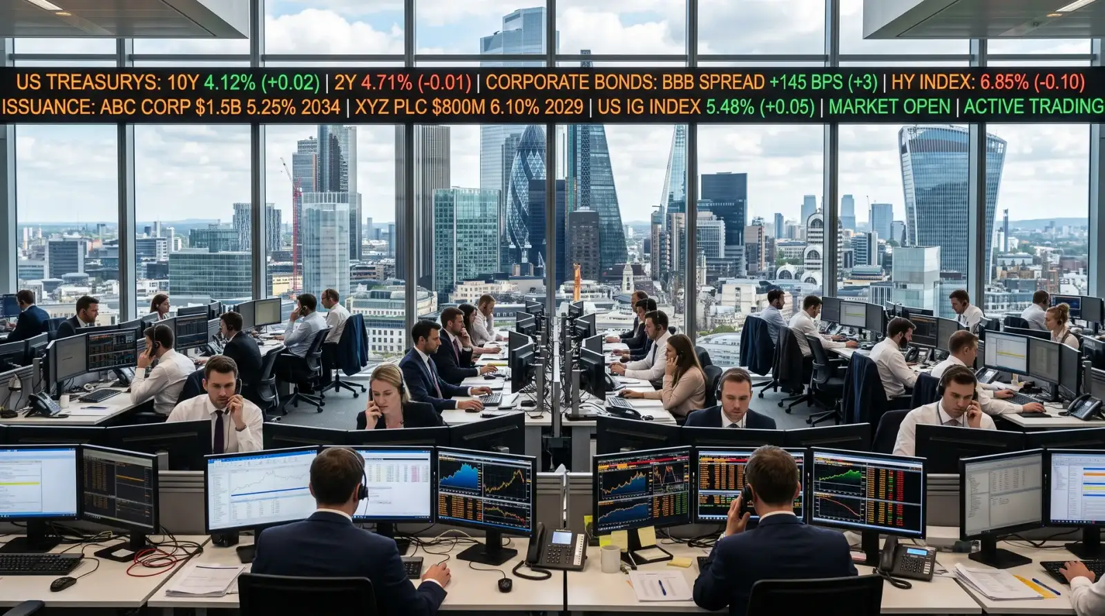 Ilustrasi pasaran bon korporat Amerika Syarikat dengan papan ticker dan skyline Wall Street, mewakili gelombang penerbitan hutang syarikat