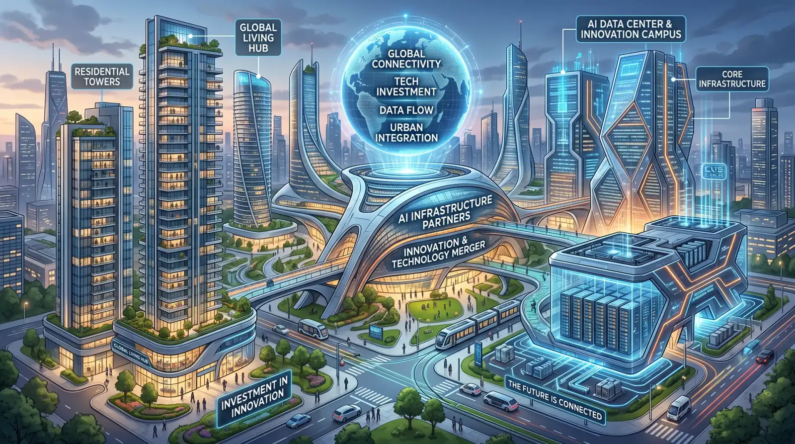 Ilustrasi penggabungan REIT dan infrastruktur data center AI di Amerika Syarikat, mewakili urus niaga besar-besaran sesi 17 Ogos 2026